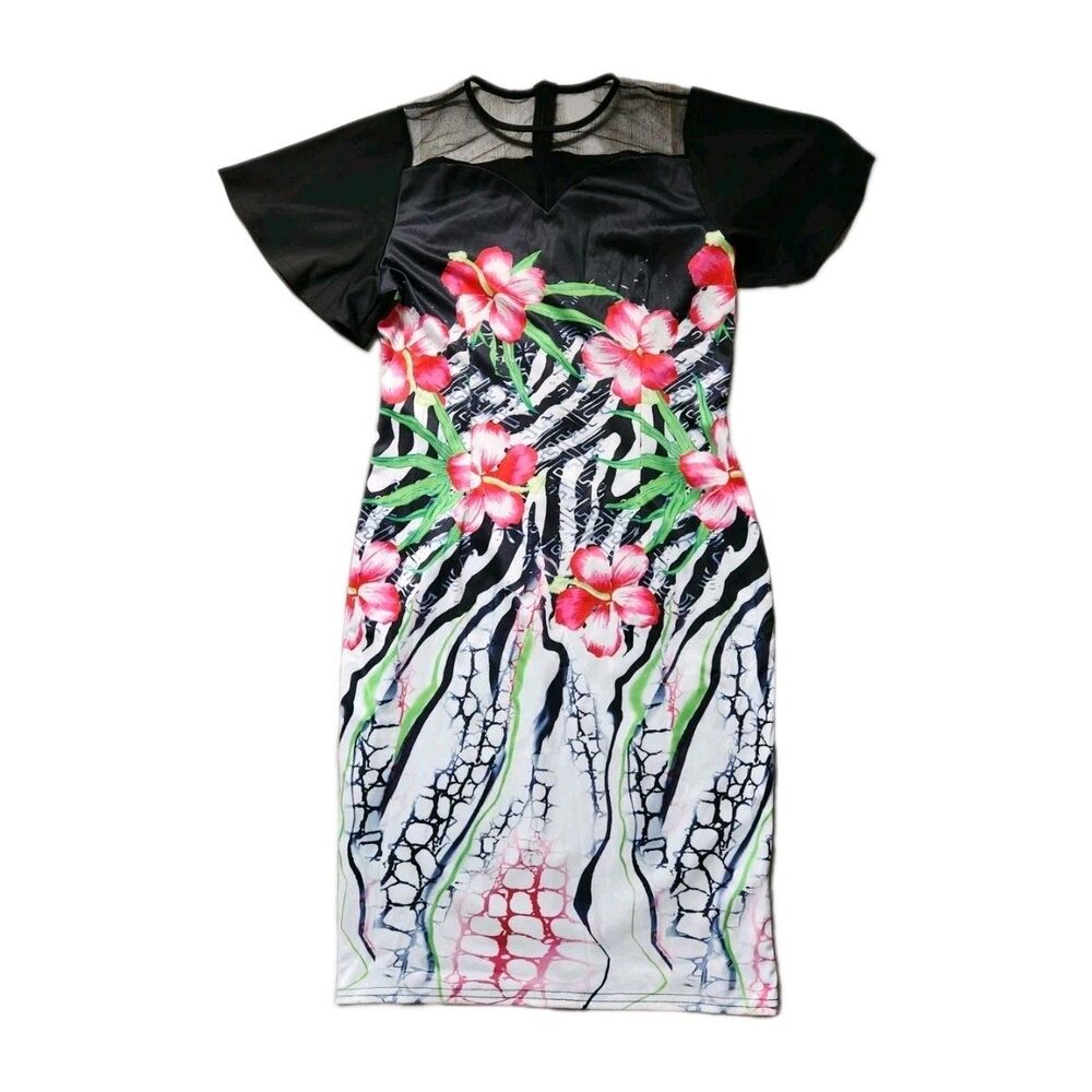 Black Floral Bodycon Dress Mesh Illusion Neck Tropical Print Short Sleeve Sz XL